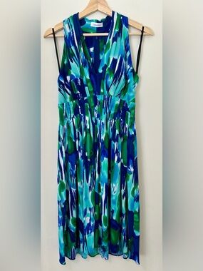 Calvin Klein Blue & Green Abstract Print Midi Dress
